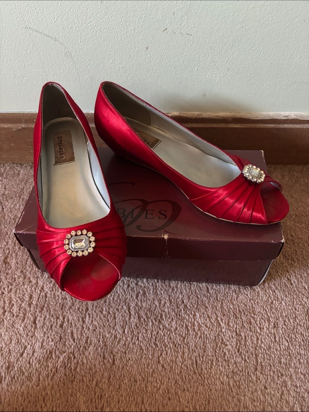 Dyeables 9B Red Satin Peep-Toe Heels with Rhinestone Accent - Formal/Prom